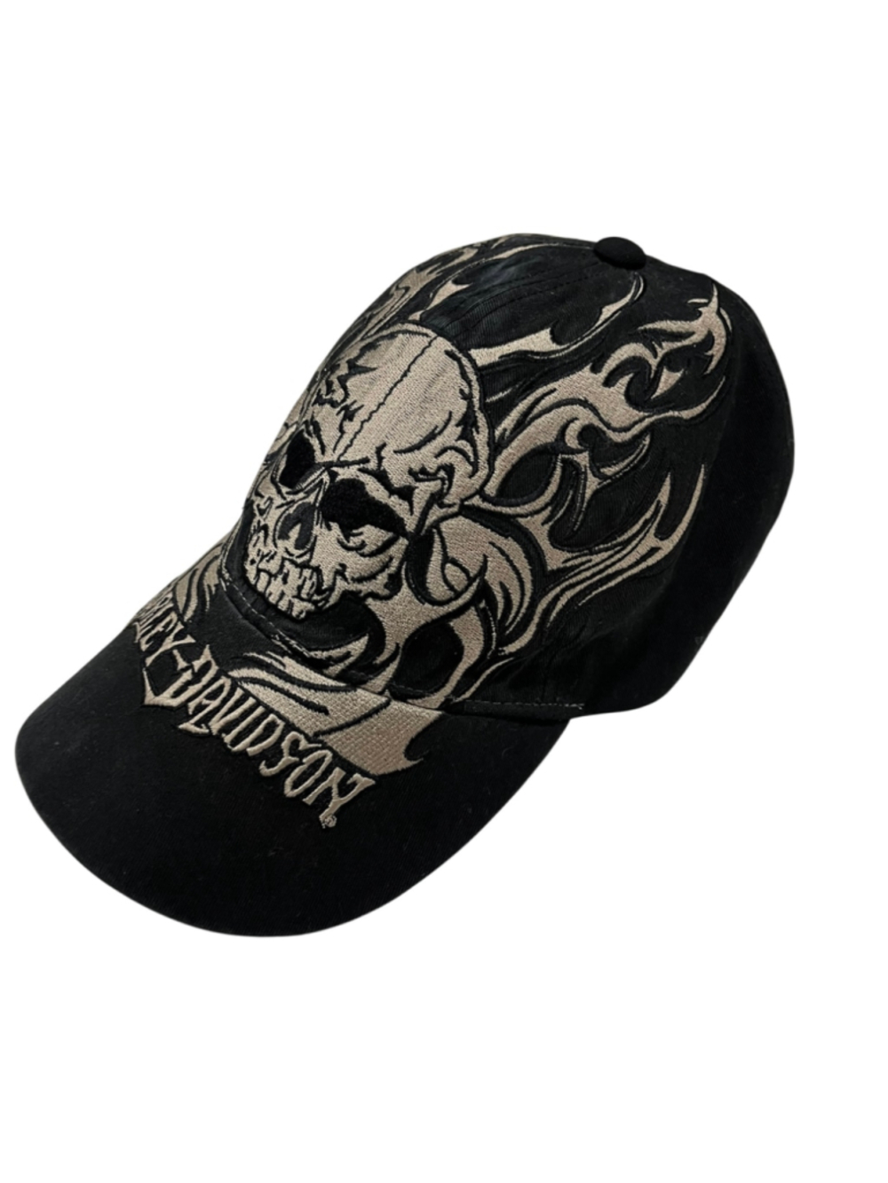 Vintage Harley Davidson Skull Flame Hat Black Embroidered Biker Y2K Cap Willie G - Picture 2 of 7